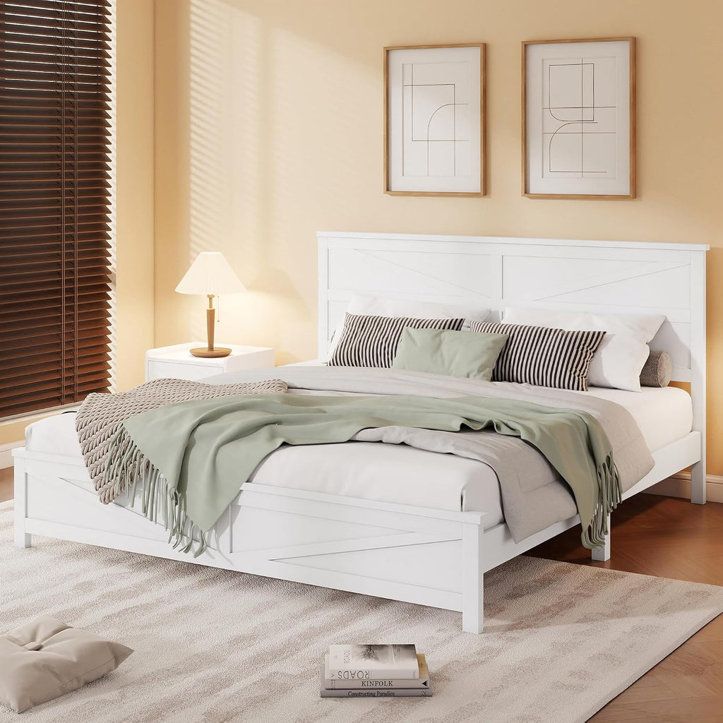 Rustic Platform Bed Frame with Barn Door Design Headboard and Footboard for Bedroom, King Pine Wood Bed with Wooden