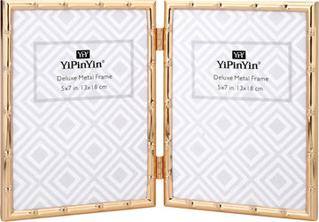 5x7'' Bamboo Detail Dark Gold Double Picture Frame, Elegant Gilded Baby Nurse Photo Frame 5x7'' with Soft Touch Velvet