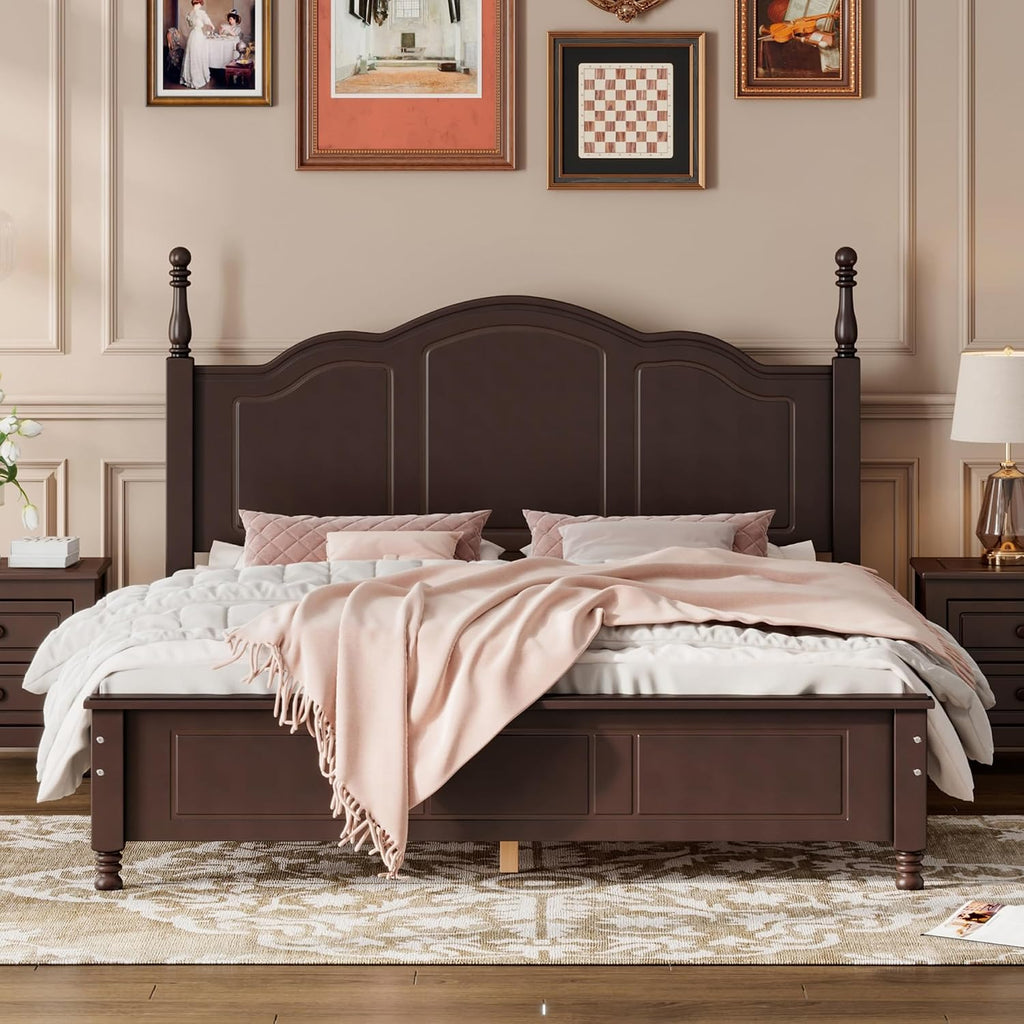 Vintage Queen Wood Bed Frame, Traditional Solid Wood Platform Bed with Retro Style Headboard, Traditional Town Style