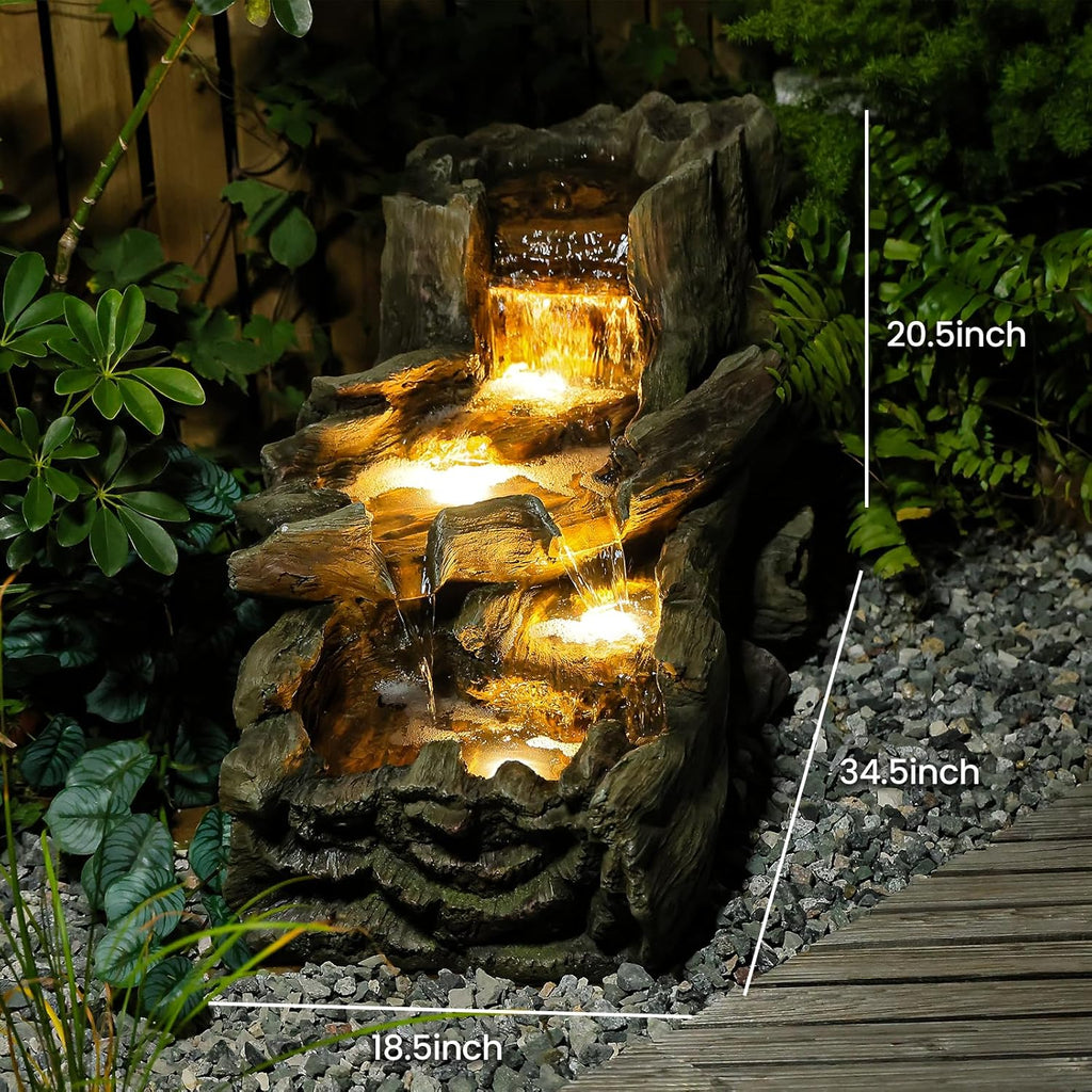 34.5" L Garden Outdoor Water Fountain, Floor Standing Wood Imitation Resin Natural Waterfall Fountains with LED Lights