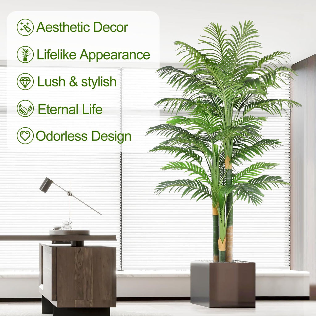 7ft Tall Triple Golden Cane Palm Artificial Tree Large Tropical Palm Tree UV Resistant Fake Plant in Pot for Indoor