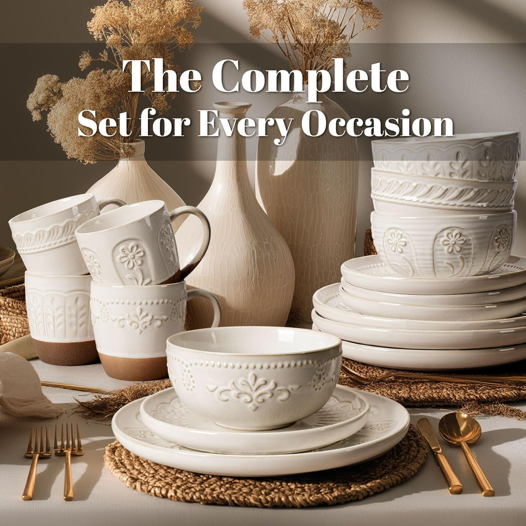 Plates And Bowls Sets, 16 Pieces Dinnerware Sets, Dish Set For 4, Ceramic Kitchen Bowl And Plate Set, Embossed White