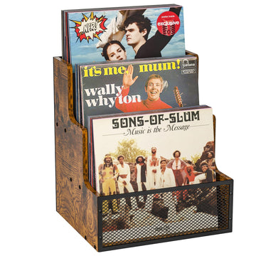 3-Tier Vinyl Record Storage Crate, Holds 60+ LP Albums, Retro Wood & Metal