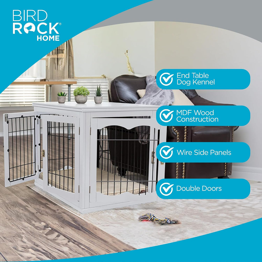 Decorative Dog Kennel with Pet Bed, Small Pet House, Double Door Indoor Crate, Engineered Wood & Wire Furniture, Side