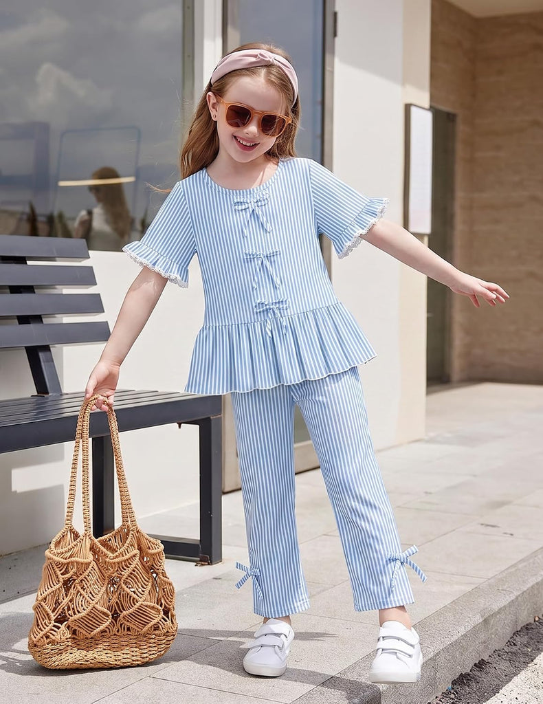 Girls Clothes 2 Piece Outfits Butterfly Knot Top and Wide Leg Pant