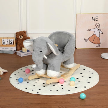 Elephant Rocking Horse with Lullaby, Hand Puppets & Safety Belt, Wooden Stuffed Animal Rocker for Ages 1-3, Boys