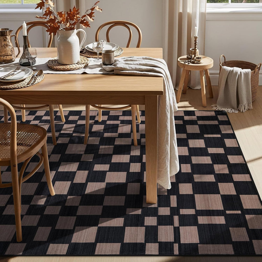 Checkered Machine Washable Non-Slip Area Rug, Dark Gray/Taupe