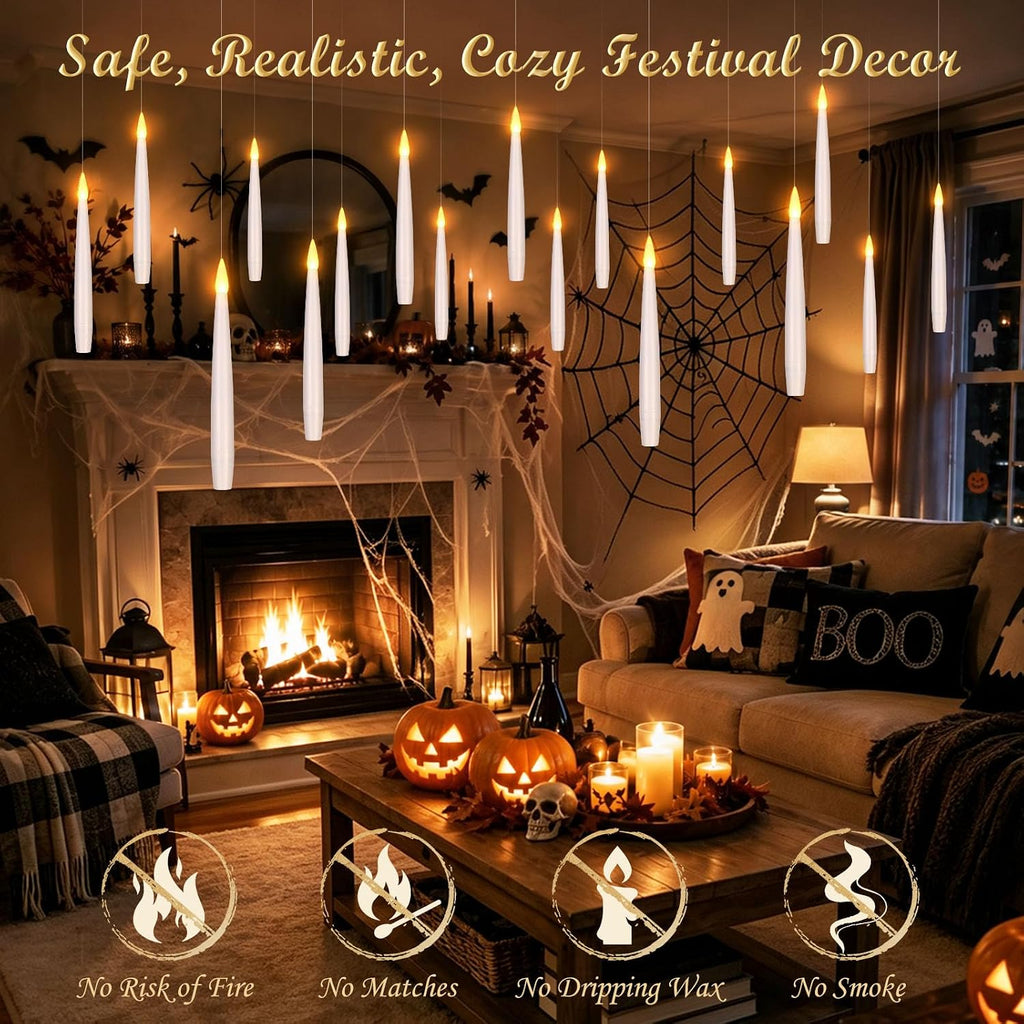 20P Floating Candles with Wand Timer Halloween Decorations Indoor - Set of 20