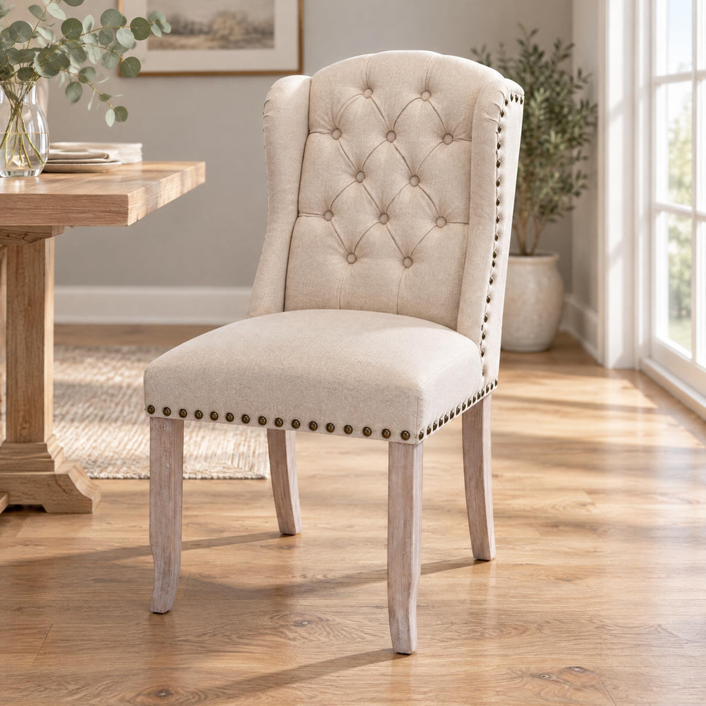 Modern Tufted Dining Chairs Set of 2, Linen Upholstered Dining Room Chairs Armless Guest Side Chair Dining Room