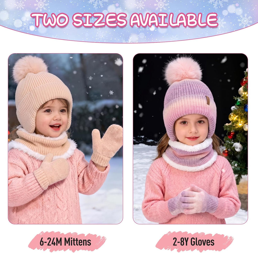 Toddler Girls Winter Hat Gloves Scarf Set Warm Fleece Lined Knit