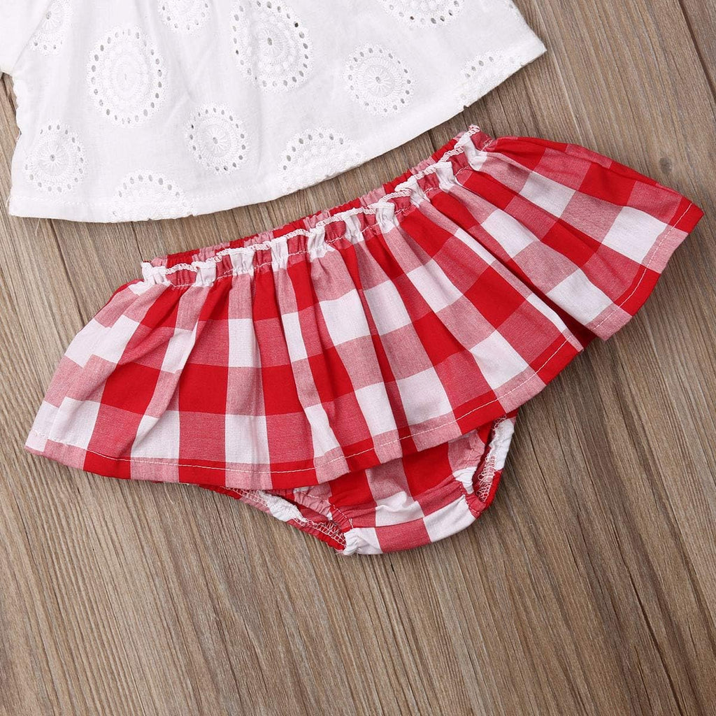 Baby Girl Cold Shoulder Lace Crops Top + Plaid Skirts Bloomers + Headband