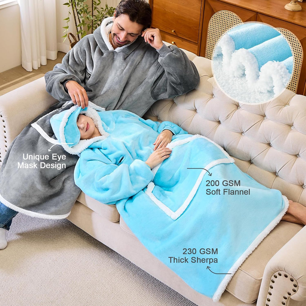 Oversized Sherpa Wearable Blanket Hoodie for Adult with Eye Mask,Grey | Soft Flannel Sweatshirt Hooded Blankets