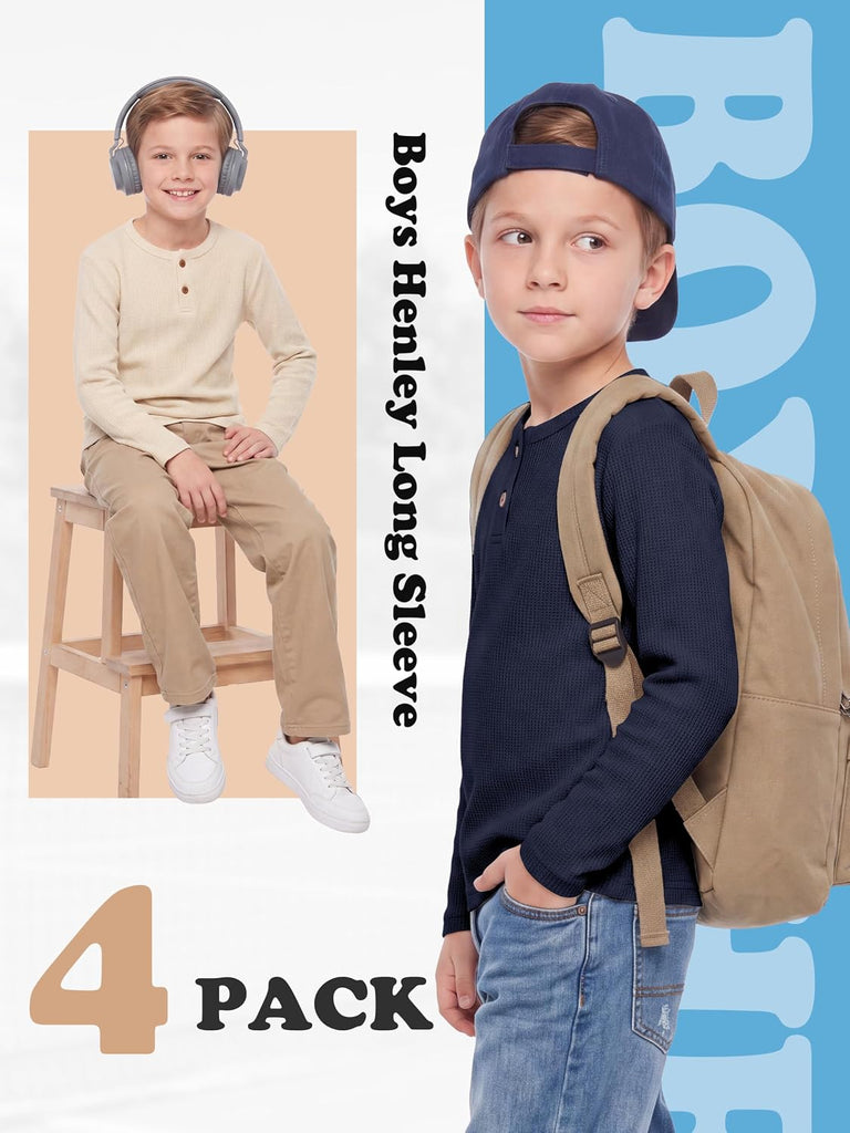 4 Pack Boys Long Sleeve Shirts Henley Neck Basic Waffle Knit Tops Tee for Kids Boys Thermal Shirt