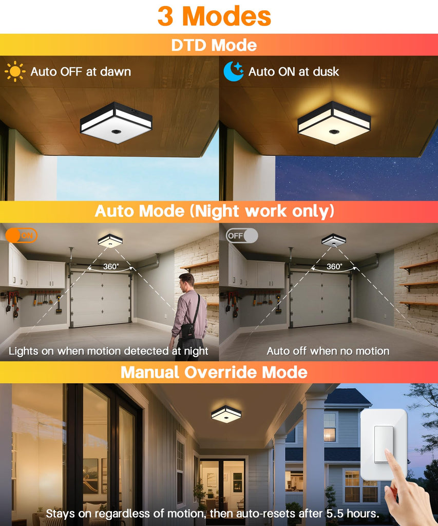Motion Sensor Outdoor Light, Flush Mount Ceiling Fixture with 24W LED, Dusk to Dawn, Adjustable 3CCT, Black Exterior