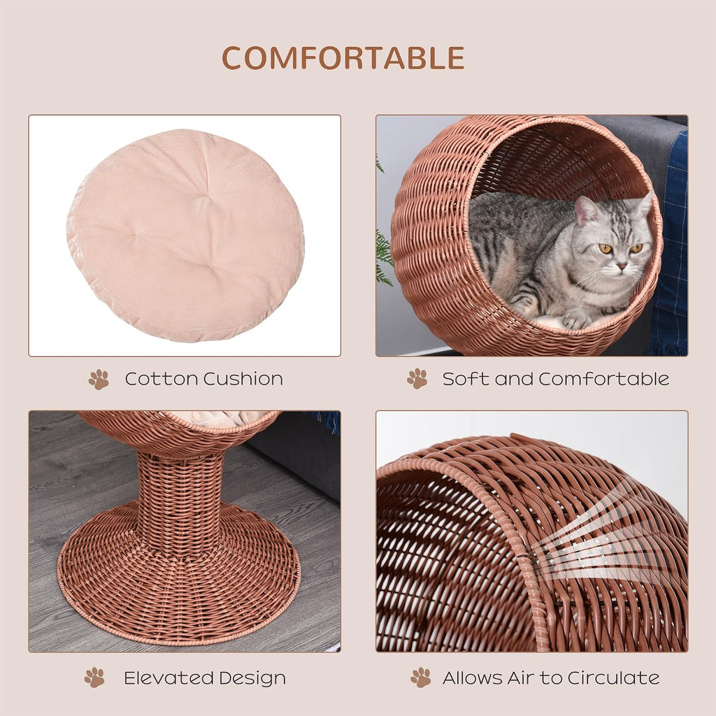 Elevated Cat Bed with Rotatable Egg Chair Pod, Cat Basket Bed with Thick Cushion, Natural Mat Grass Woven Kitty