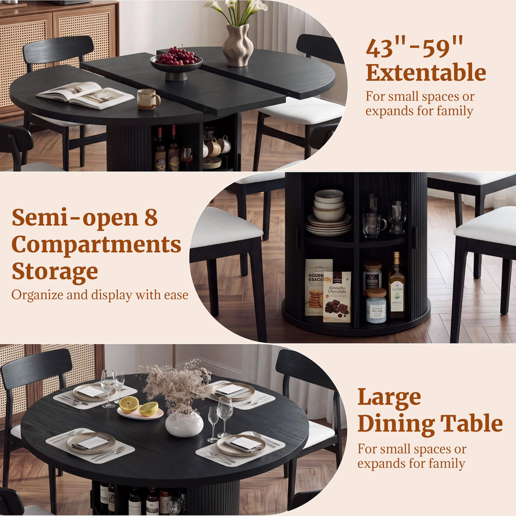 43"-59" Extendable Round Dining Table for 4-8 with Storage Shelf