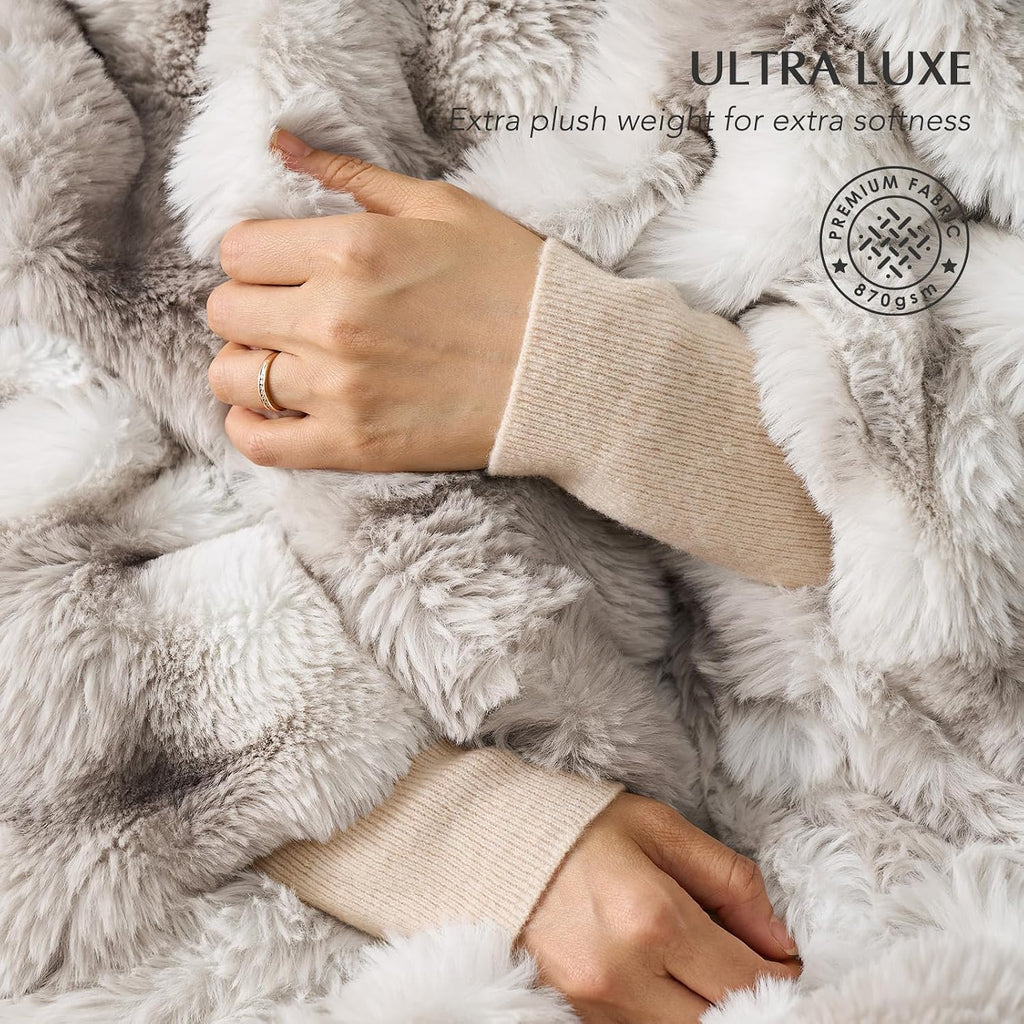 Faux Rabbit Fur Bubble Throw Blanket, 90"x90", Light Grey | Ultra Soft, Luxury Faux Rabbit Fur Throw, Thick Warm