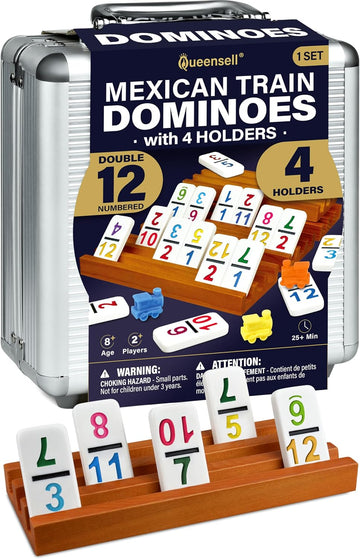 Mexican Train Dominoes Set with Numbers and 4 Holders - Wooden Hub and Domino Holders - Double 12 with Numbers (D12