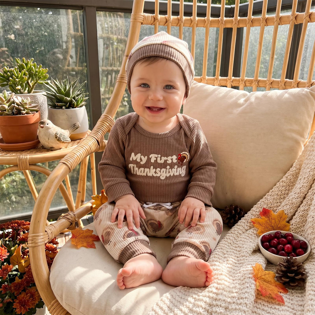 My 1st Thanksgiving Baby Boy Outfit Newborn Embroidered Waffle Long Sleeve Romper Turkey Pants Hat Set 3Pcs Clothes