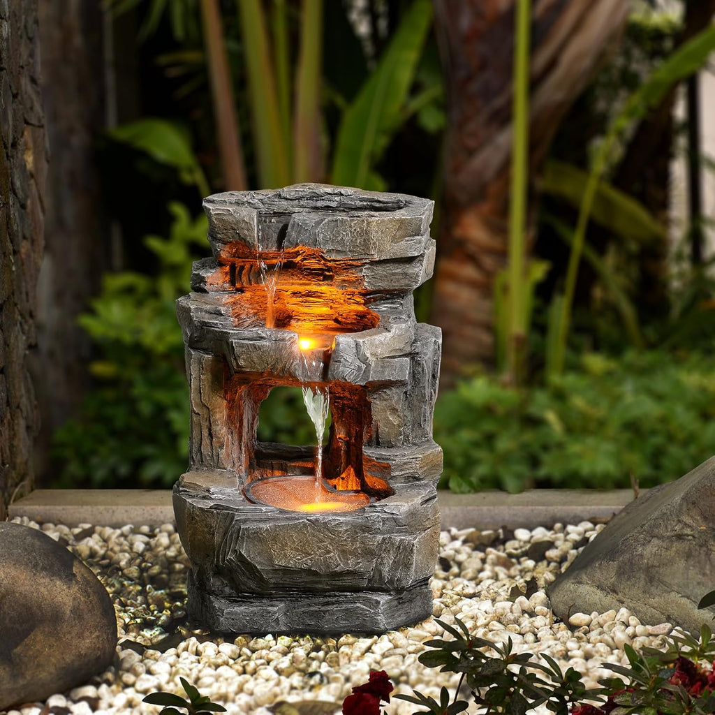 Outdoor Waterfall Fountain with LED Lights - 3-Tier Resin Rock Water Feature Patio Backyard, 21.5" Tall Fountain