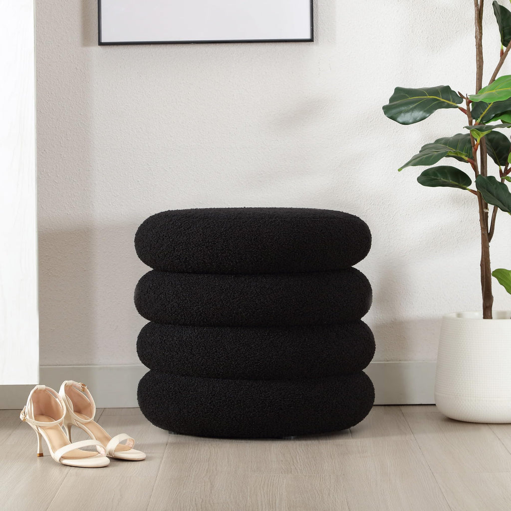 Sherpa Storage Ottoman, Foot Rest Stool Seat, Black Vanity Foot Pouf, Tufted Footstool with Removable Lid
