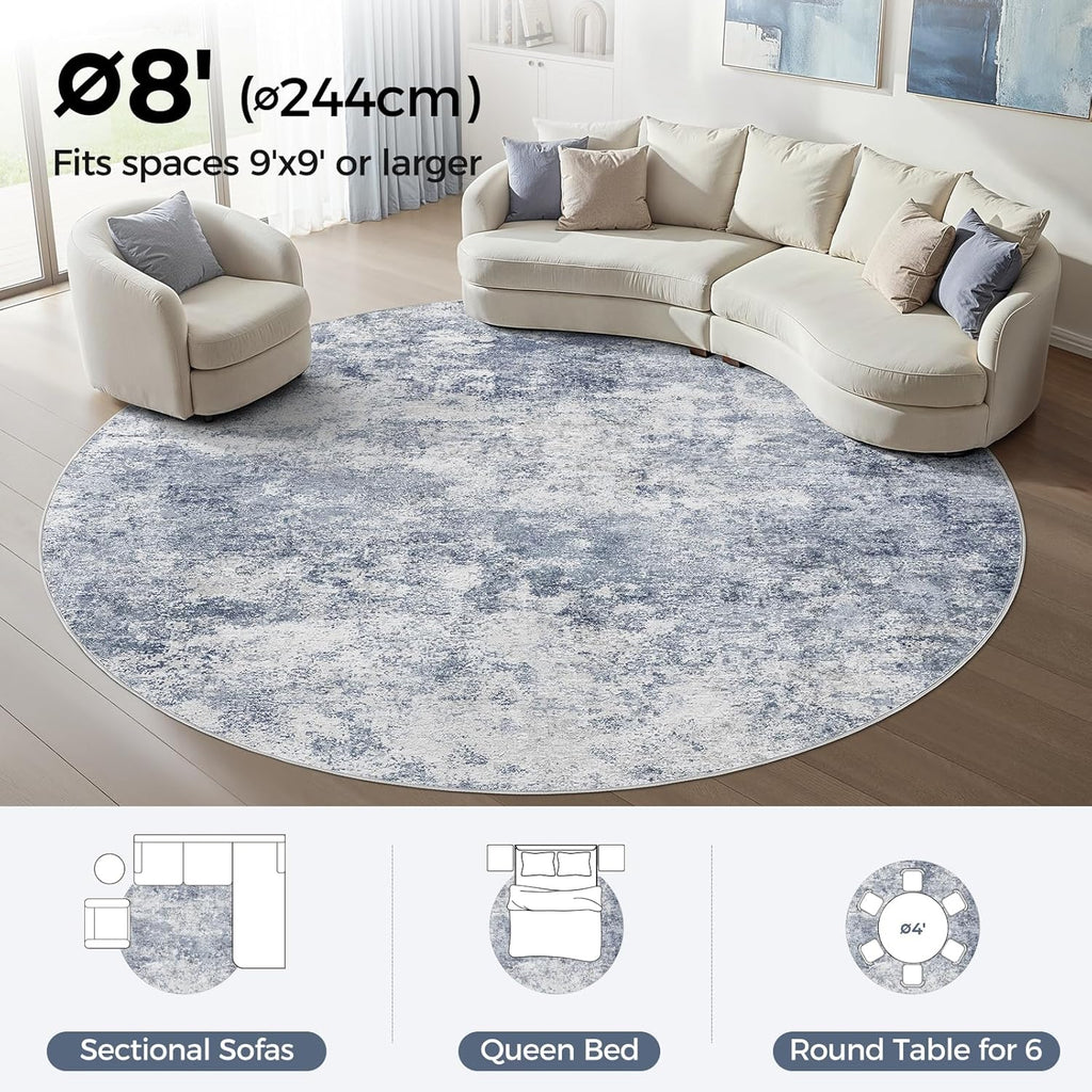 8ft Round Area Rug for Living Room: 8x8 Washable Neutral Modern Abstract Soft Thin Rug Indoor Floor 