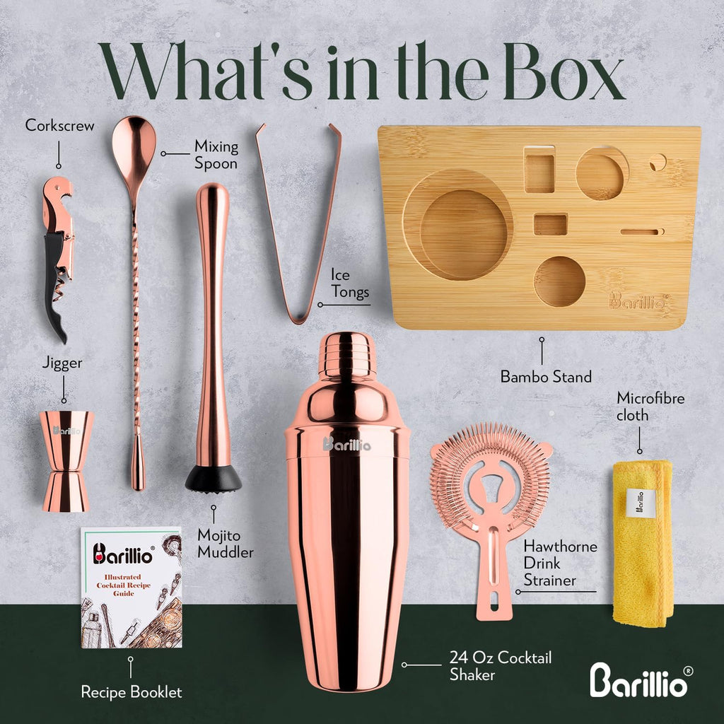 Rose Gold Bartender Kit - Stainless-Steel Cocktail Shaker Set w/Bamboo Stand - Mixology Bar Tools w/Shaker, Drink