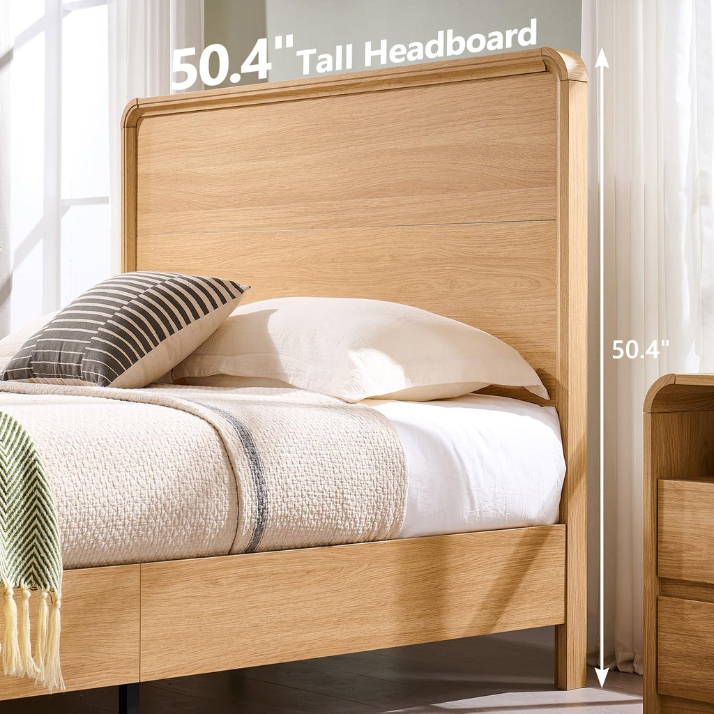 Modern Queen Size Bed Frame with 50" Tall Headboard, Natural Oak