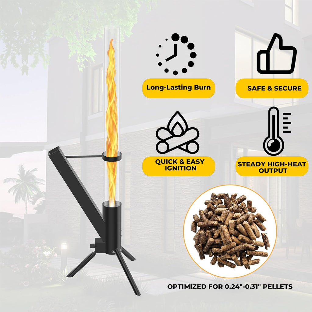Outdoor Wood Pellet Fire Pit - Decorative Glass Tube Torch with Spiral Flame