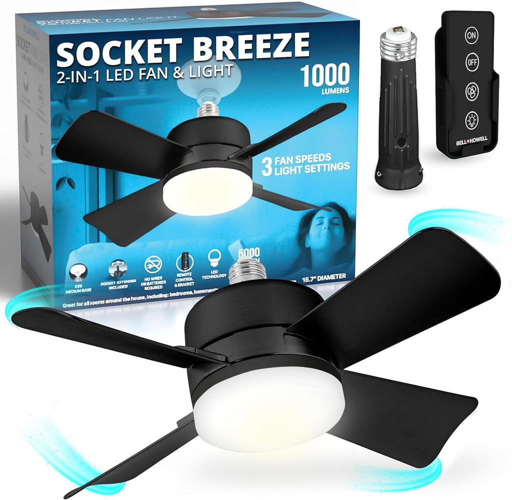 Breeze Socket Fan Light with Remote, 15.75" Cost Saving Ceiling Fans with Lights Replacement for Bedroom, Kitchen, Living Room, Warm 3500K, 1000 Lumens, Easily Screws into E26/E27 A101-B0CP89S314