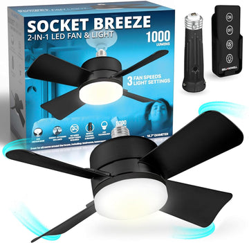 Breeze Socket Fan Light with Remote, 15.75" Cost Saving Ceiling Fans with Lights Replacement for Bedroom, Kitchen, Living Room, Warm 3500K, 1000 Lumens, Easily Screws into E26/E27 A101-B0CP89S314