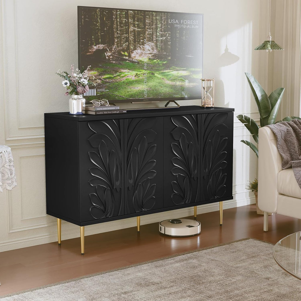 Sideboard Buffet Cabinet with 3D Flower Pattern, Accent Cabinet with 4 Doors & Adjustable Shelves