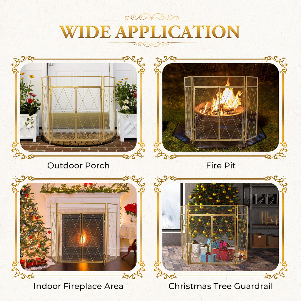 3-Panel Fireplace Screen with Double Doors, 50" x 32", Gold