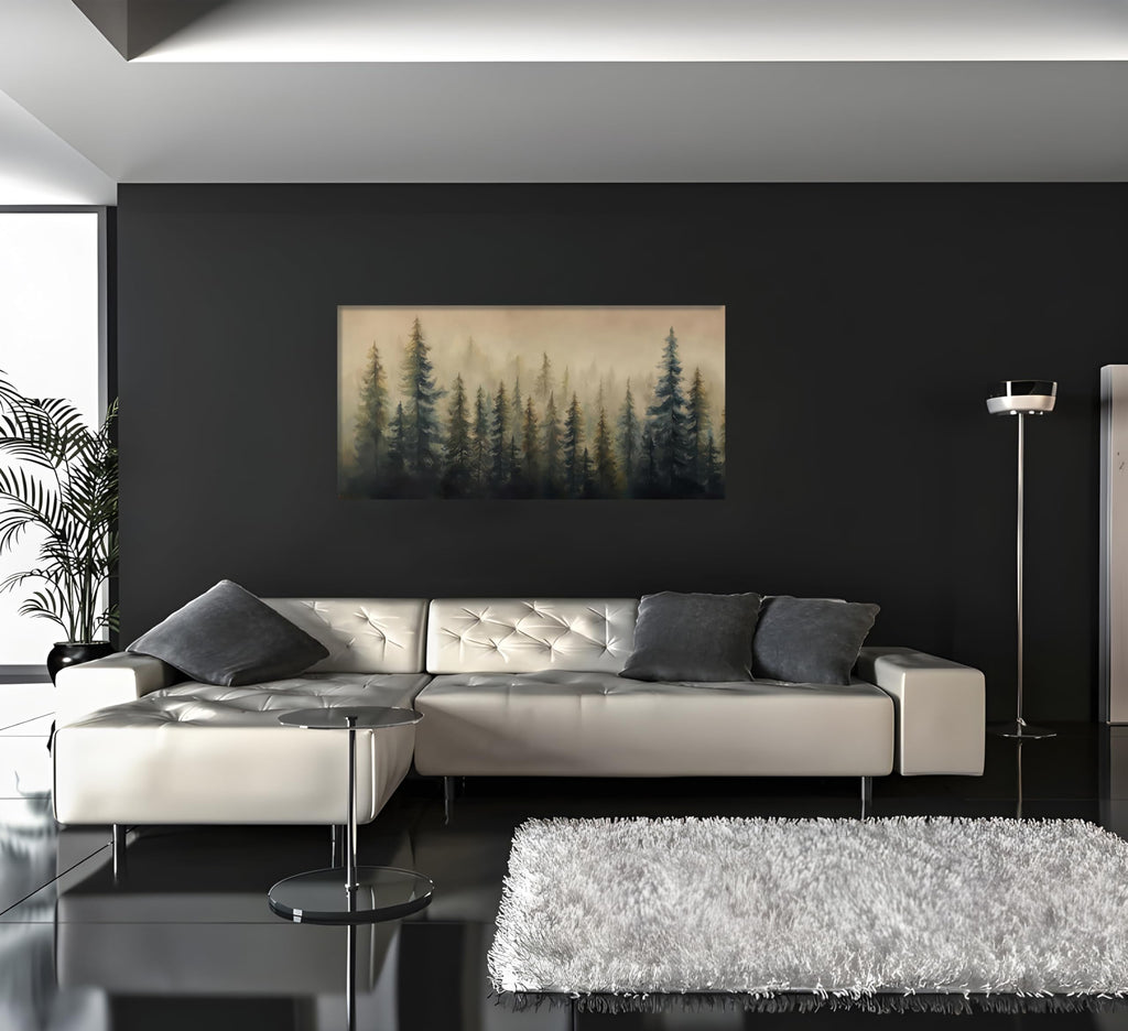 Large Misty Forest Landscape Canvas Wall Art Green Pine Tree and Foggy Mountains Scenery Picture Wall Decor Abstract