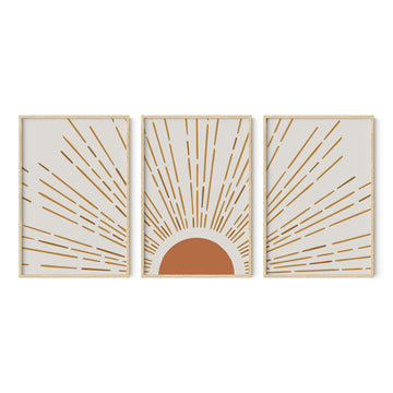 Bohemian Mid Century Modern Wall Art - Boho Art, Neutral, Sun Wall Decor (Beige Frame, 24x36)