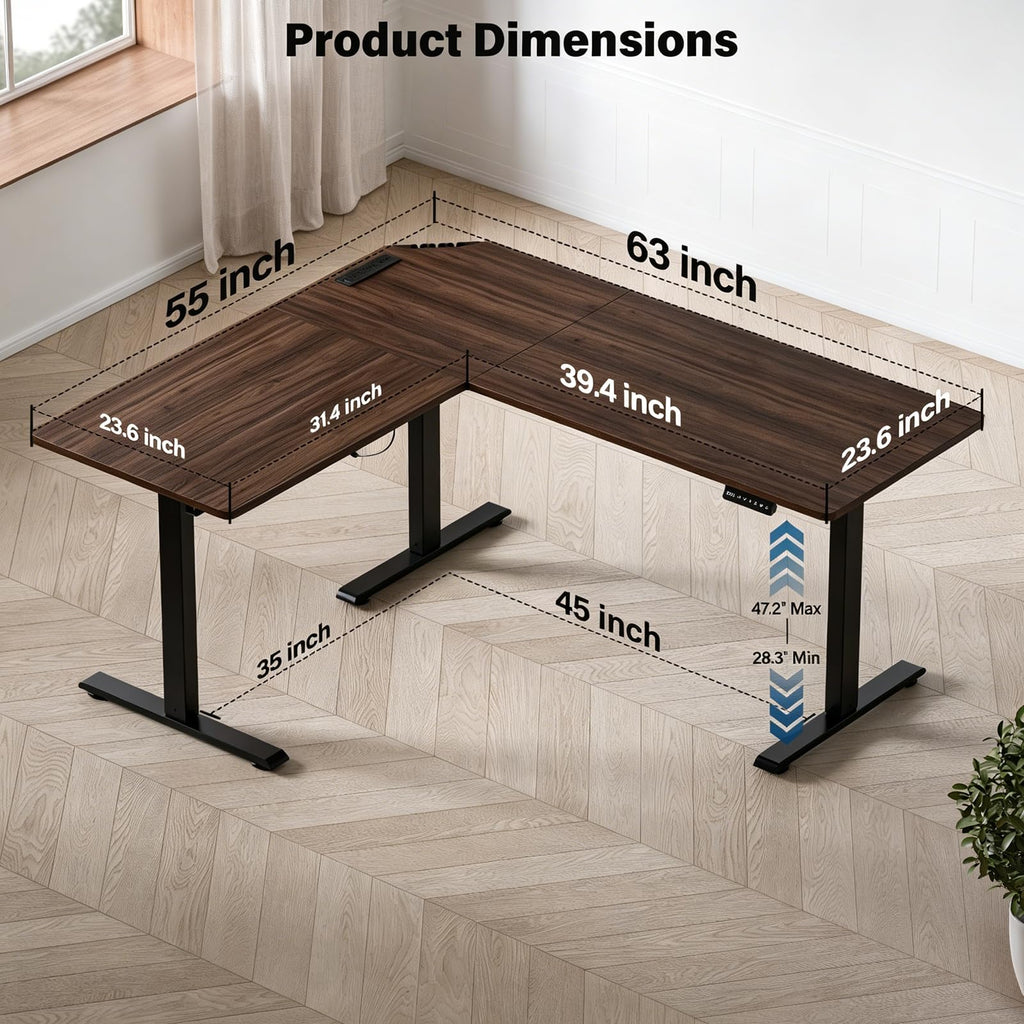 63 x 55 inch L-Shaped Standing Desk, Corner Computer Desk, Electric Standing Desk Adjustable Height, Sit to Stand