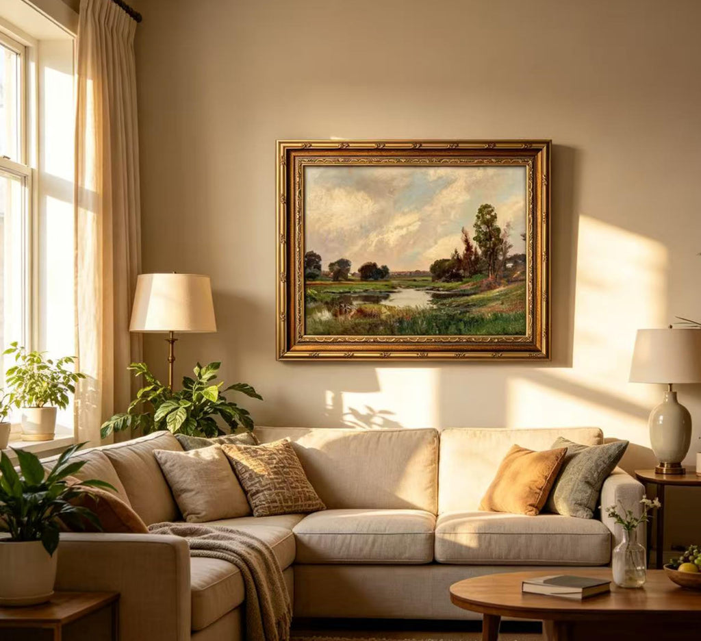 Vintage Gold Framed Landscape Wall Art, Retro Impressionist River Landscape Oil Painting Canvas Prints, Rustic Meadow