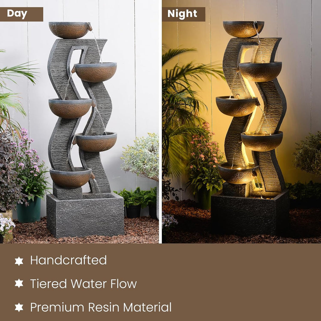 52.8" Tall Outdoor Water Fountain with Lights, 6-Tier Cascading Resin Waterfall Feature