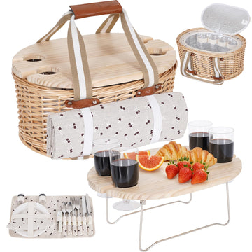Picnic Basket Set for 4 - Wicker Insulated Picnic Basket