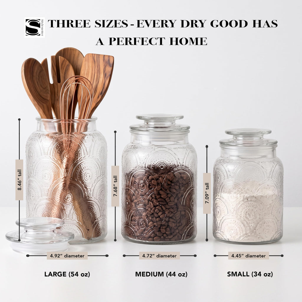 Clear Glass Kitchen Canister Set, Retro Design 3PC, 34-54oz
