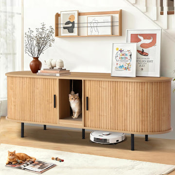 Hidden Cat Litter Box Enclosure with Sliding Door, Built-in Scratch Pad, 63" Modern Indoor Cat House, Fluted