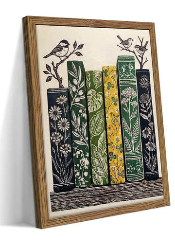 Framed Vintage Botanical Books Canvas Wall Art, Floral Books with Birds Poster Print, Retro Nature Library Reading