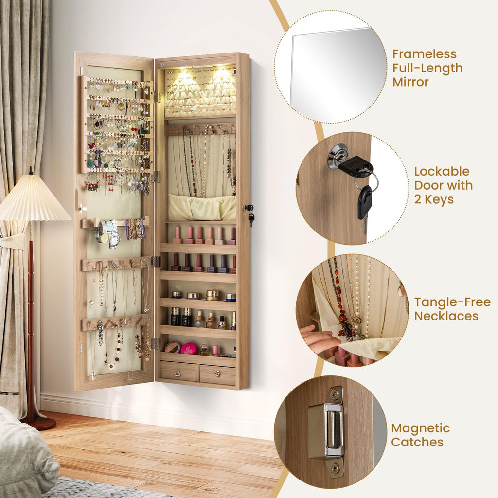 Wall or Door Mounted Jewelry Armoire with Full Length Mirror, 47.5"
