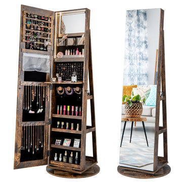 360° Swivel Jewelry Cabinet, Lockable Jewelry Organizer (Rustic Brown)