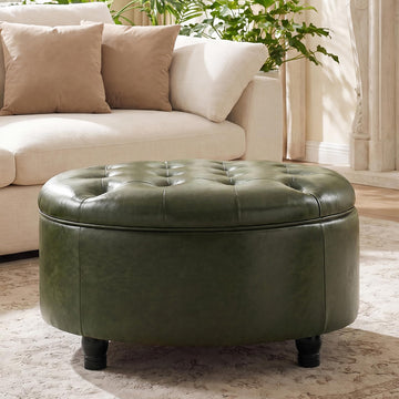 30-Inch Round Ottoman with Storage, Leather Ottoman(Green)