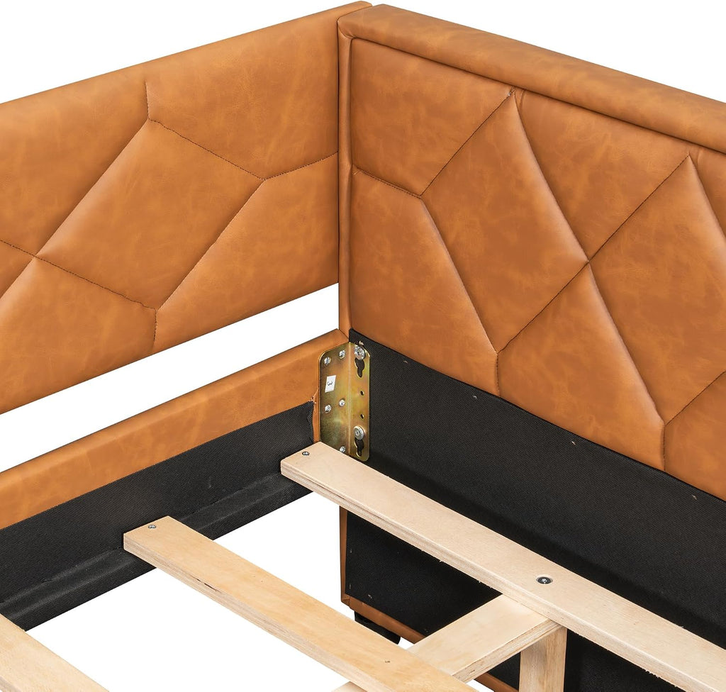 Full XL Size Upholstered Daybed with Pop Up Trundle, Multi-Functional PU Leather Sofa Bed with Backrest and Two
