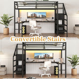 Full Metal Loft Bed with L Shaped Desk and Wardrobe, Heavy Duty Loft Bed Frame with Storage Stairs
