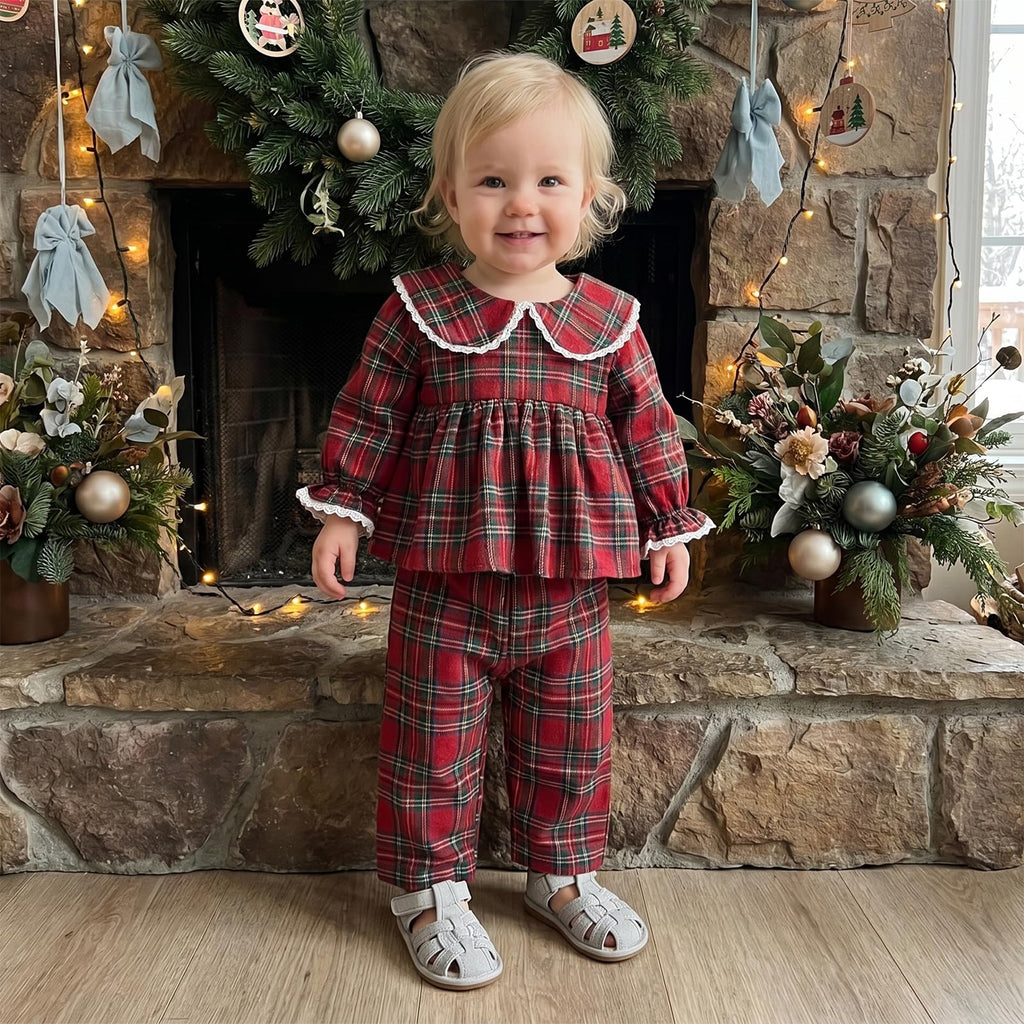 Toddler Girls Plaid Outfit Cute Peter Pan Collar Dress Tops Pants Matching Set Infant Girl Clothes (Red, )