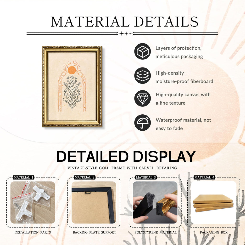 Gold Framed Mid Century Modern Botanical Wall Art, Boho Sun Tree Arch Picture Wall Decor, Neutral Orange Canvas