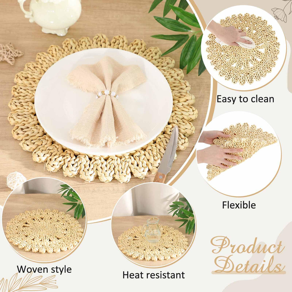 50 Set 13 Inch Corn Husk Flower Round Woven Placemats with Napkin Rings